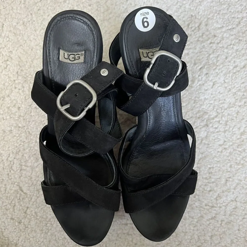 UGG  Ariah Black Suede Nubuck‎ Snake Wedge Platform Sandals Women Size 7